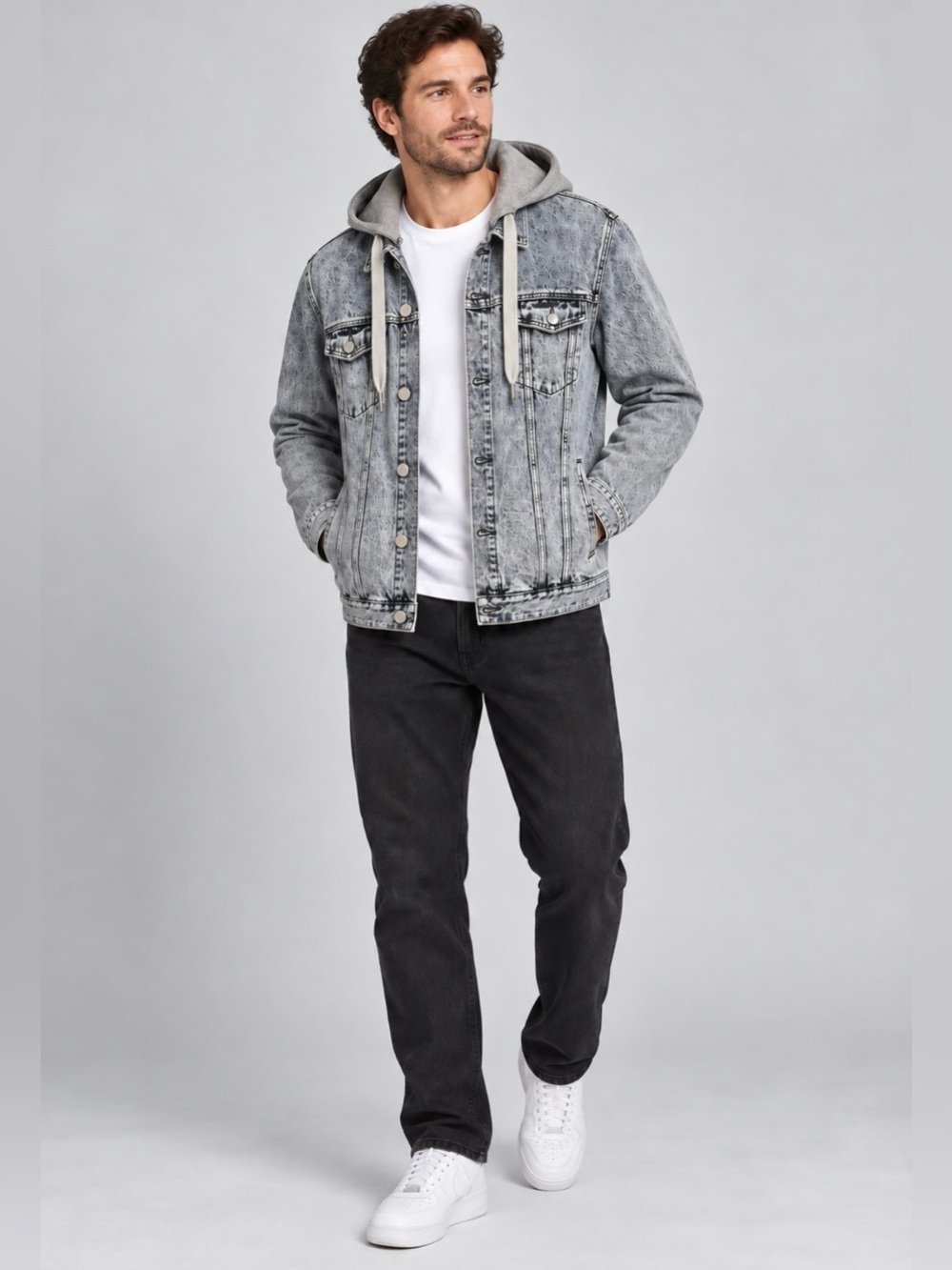 BLANKNYC Men’s Hooded Acid Wash Denim Trucker Jacket Size L NWT